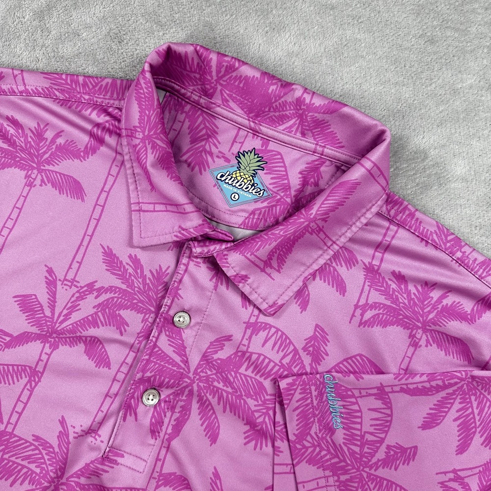 Chubbies Polo Shirt Mens Large Pink Palm Tree Performance Golf Tropical